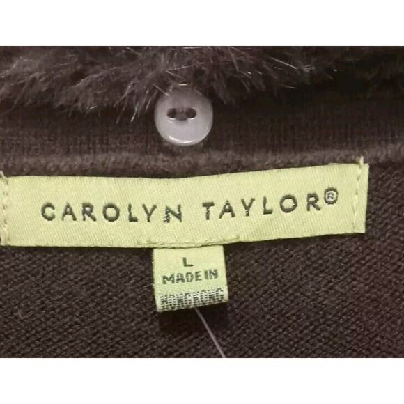 Vtg Carolyn Taylor Removable Faux Fur Collar Brown Cardigan L Retro Mob Wife - Picture 5 of 6